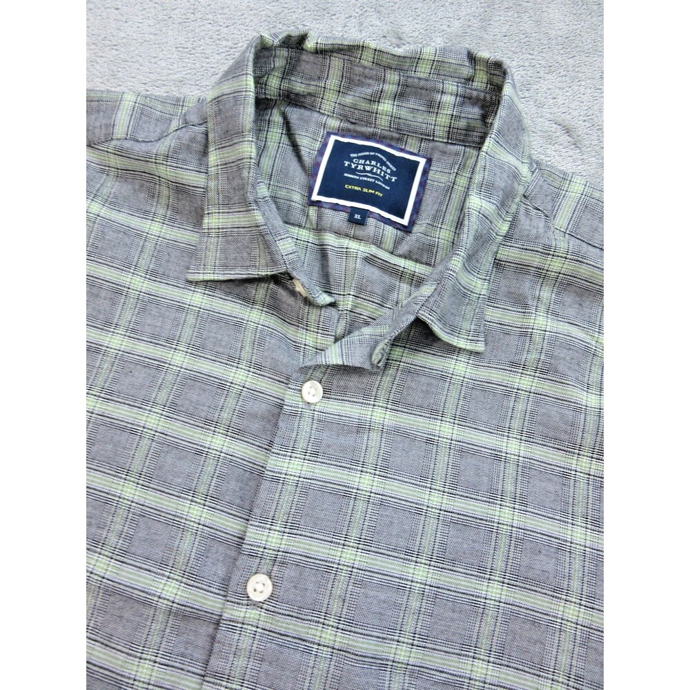 Charles Tyrwhitt Shirt Men's Sz XL Extra Slim Fit Buttoned Down Plaid Green Blue